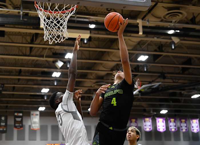 Prolific Prep five-star sophomore Tyran Stokes goes up with the basketball during the Crew's win over Riviera Prep (Florida) on Jan. 25, 2024.